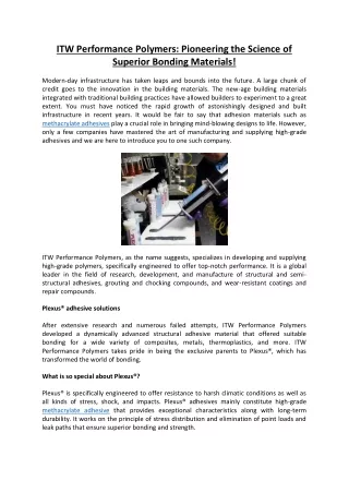 ITW Performance Polymers: Pioneering the Science of Superior Bonding Materials!