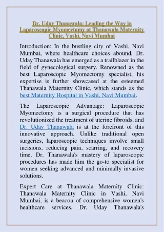 Dr. Uday Thanawala: Leading the Way in Laparoscopic Myomectomy at Thanawala Mate