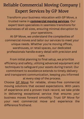 Reliable Commercial Moving Company  Expert Services by GP Move