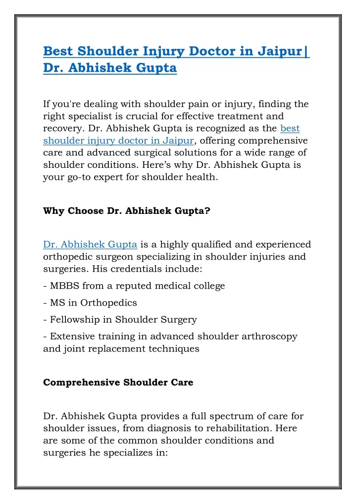 best shoulder injury doctor in jaipur dr abhishek