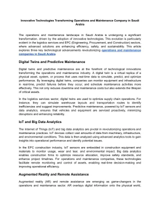 Innovative Technologies Transforming Operations and Maintenance Company in Saudi Arabia