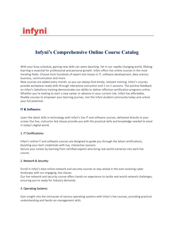 infyni s comprehensive online course catalog