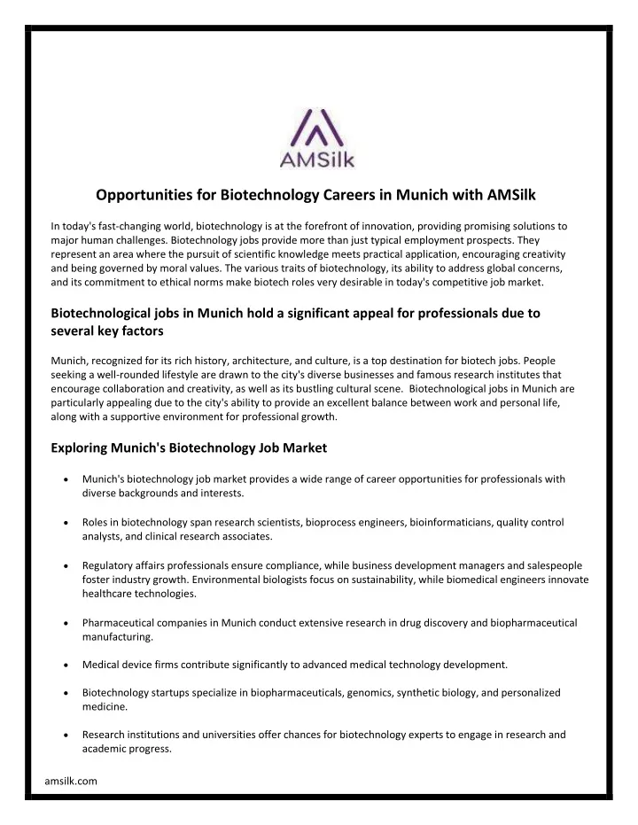 opportunities for biotechnology careers in munich