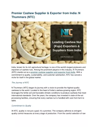 Premier Cashew Supplier & Exporter from India N Thummars (NTC)