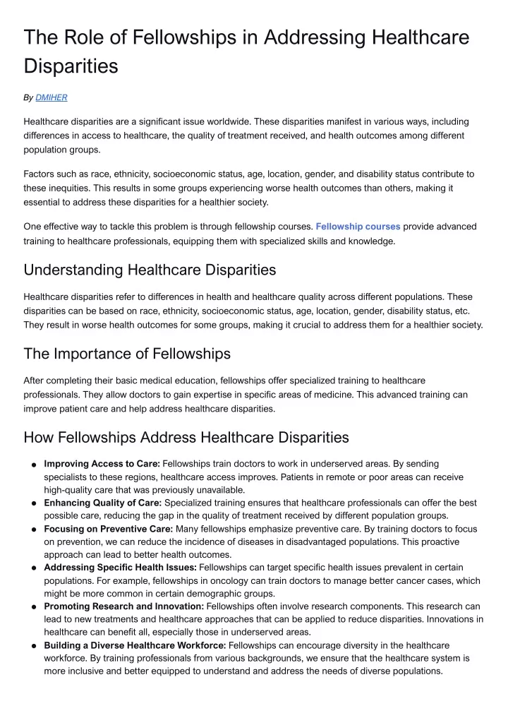 the role of fellowships in addressing healthcare