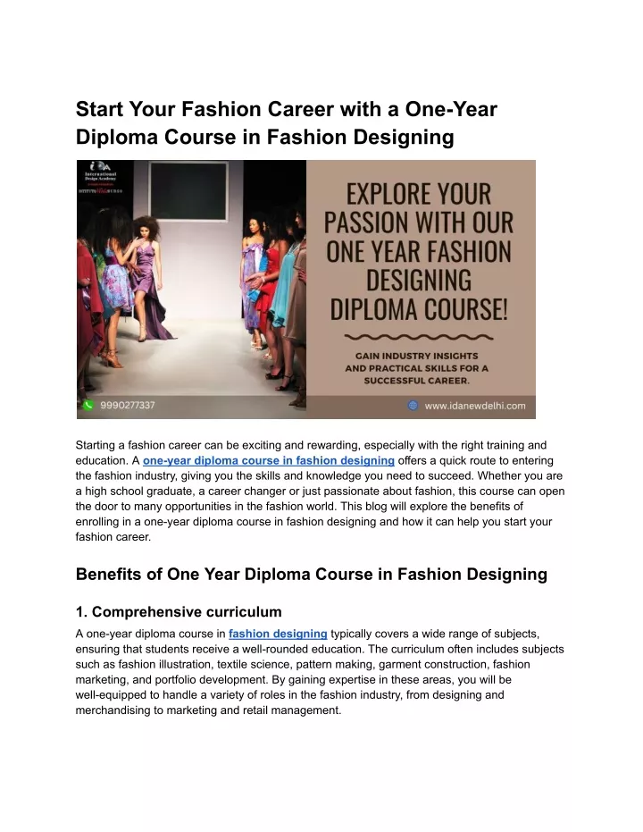 start your fashion career with a one year diploma