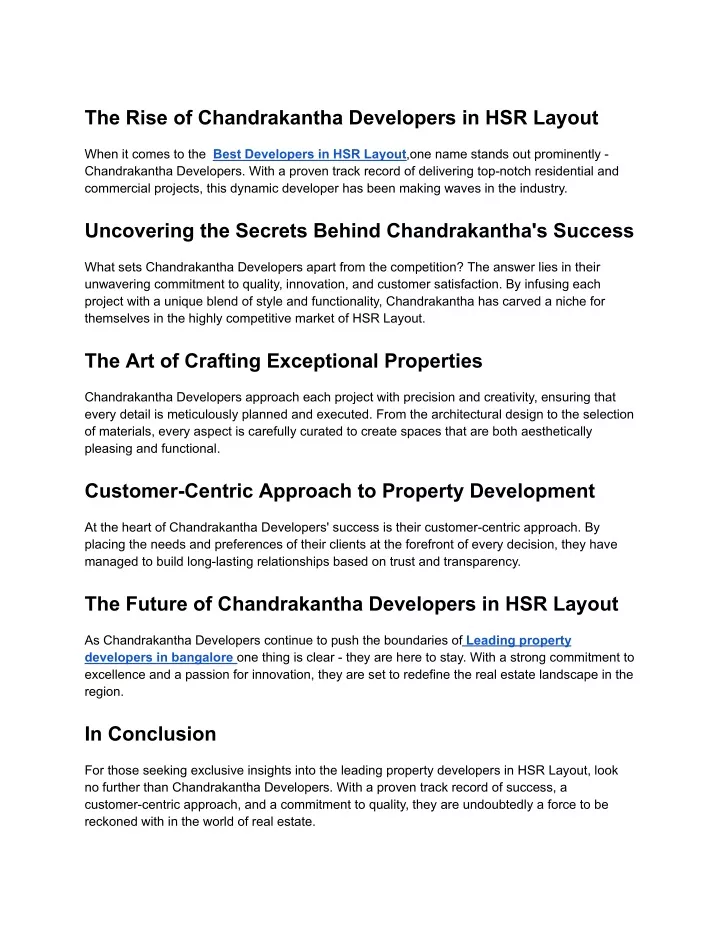 the rise of chandrakantha developers in hsr layout