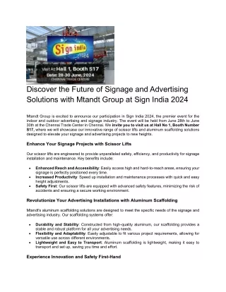Mtandt Group- is excited- to announce our participation- in Sign India- 2024