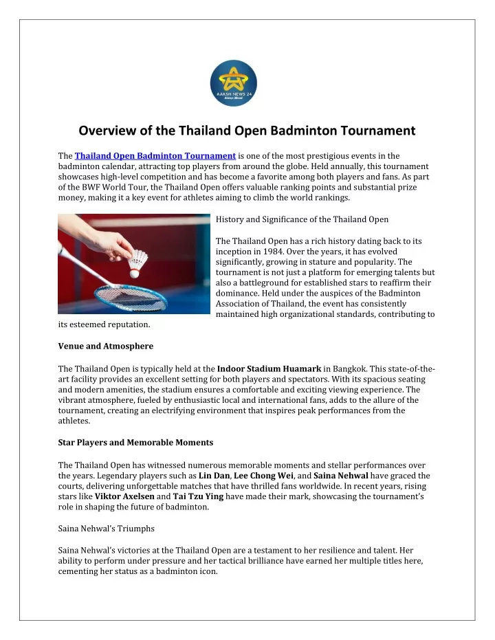 overview of the thailand open badminton tournament