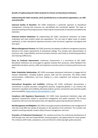 benefits of implementing iso 21001 standards