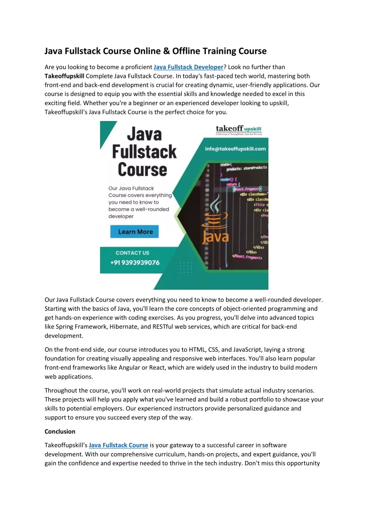 java fullstack course online offline training