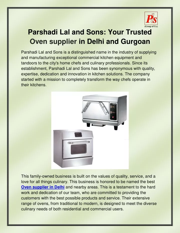 parshadi lal and sons your trusted oven supplier