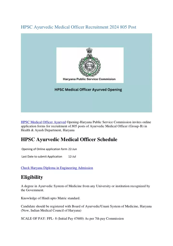 hpsc ayurvedic medical officer recruitment 2024