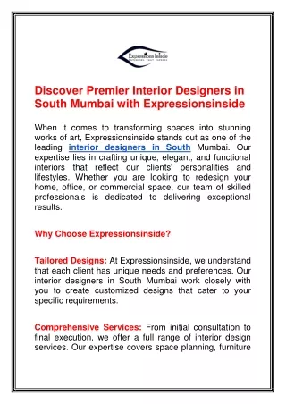 Discover Premier Interior Designers in South Mumbai with Expressionsinside