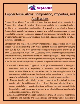 Copper Nickel Alloys Composition, Properties, and Applications