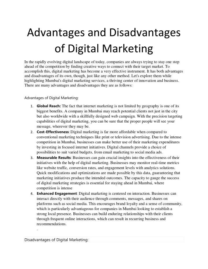 advantages and disadvantages of digital marketing