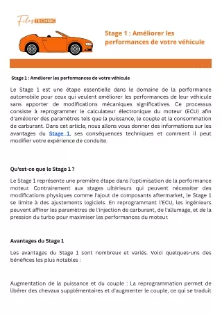 Stage 1  Améliorer les performances de votre véhicule