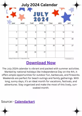 Free Printable July 2024 Calendar with Stars