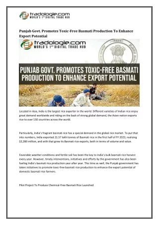 Punjab Govt. Promotes Toxic-Free Basmati Production To Enhance Export Potential