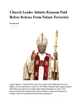 Church Leader Admits Ransom Paid Before Release From Fulani Terrorists