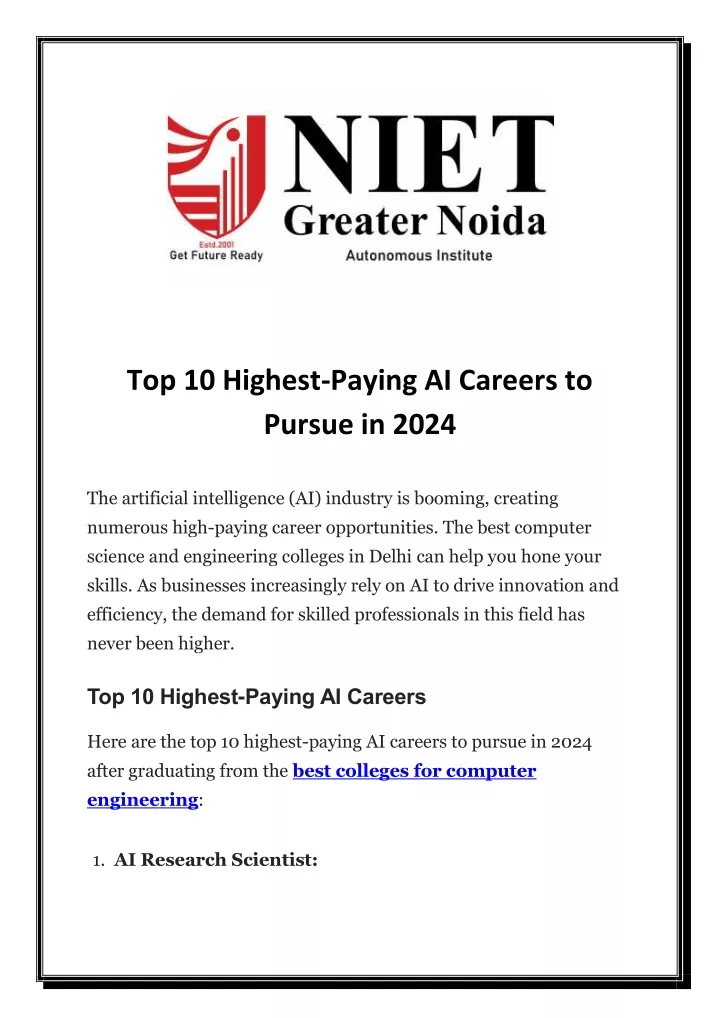 PPT Top 10 HighestPaying AI Careers to Pursue in 2024 PowerPoint