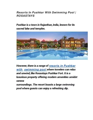 Resorts In Pushkar With Swimming Pool | ROSASTAYS