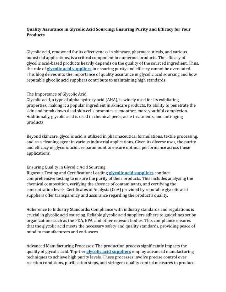 quality assurance in glycolic acid sourcing