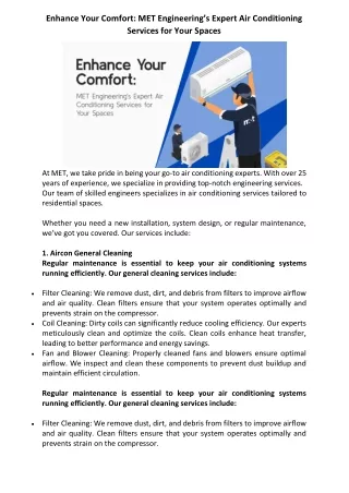 Enhance Your Comfort: MET Engineering’s Expert Air Conditioning Services for You