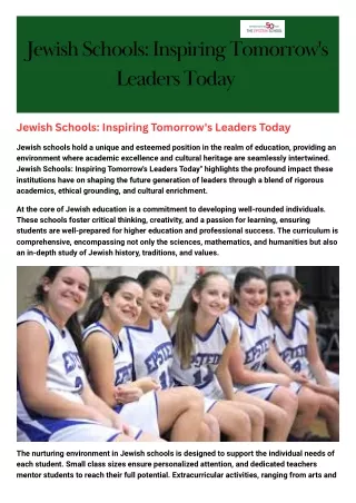 Jewish Schools Inspiring Tomorrow's Leaders Today