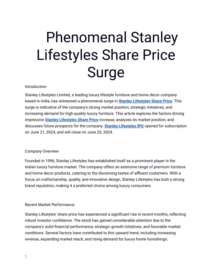 phenomenal stanley lifestyles share price surge