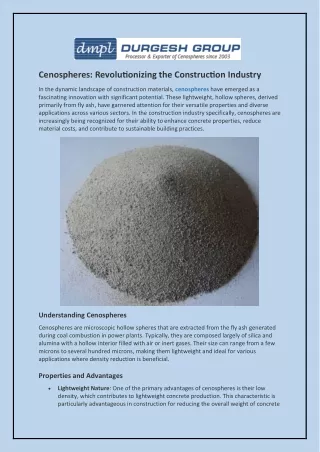 Cenospheres: Revolutionizing the Construction Industry