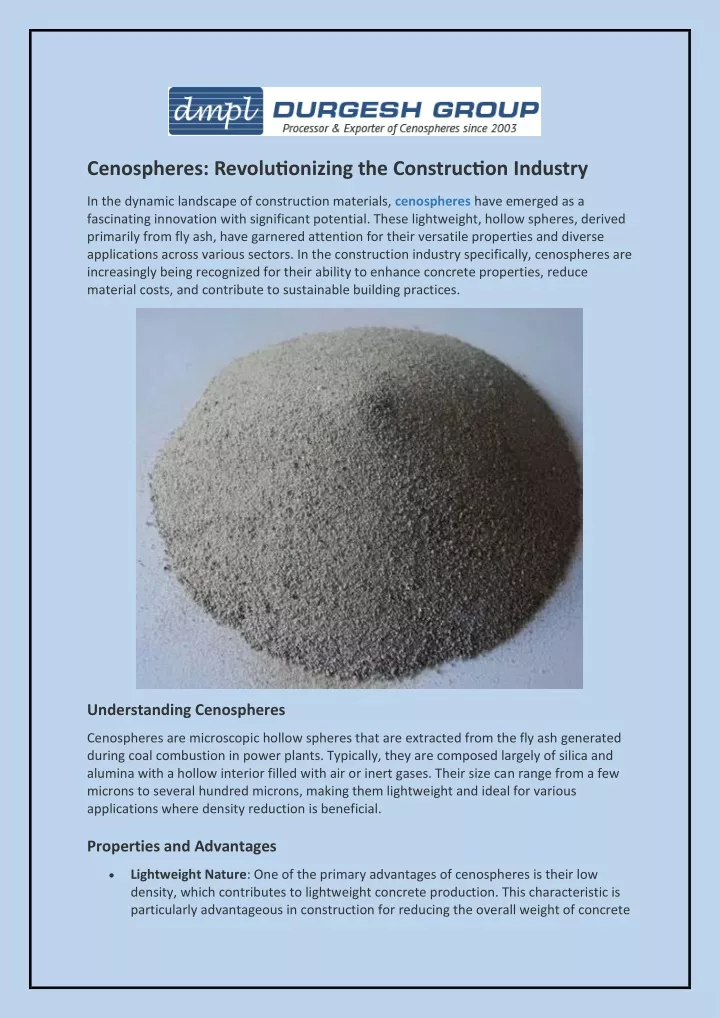 cenospheres revolutionizing the construction