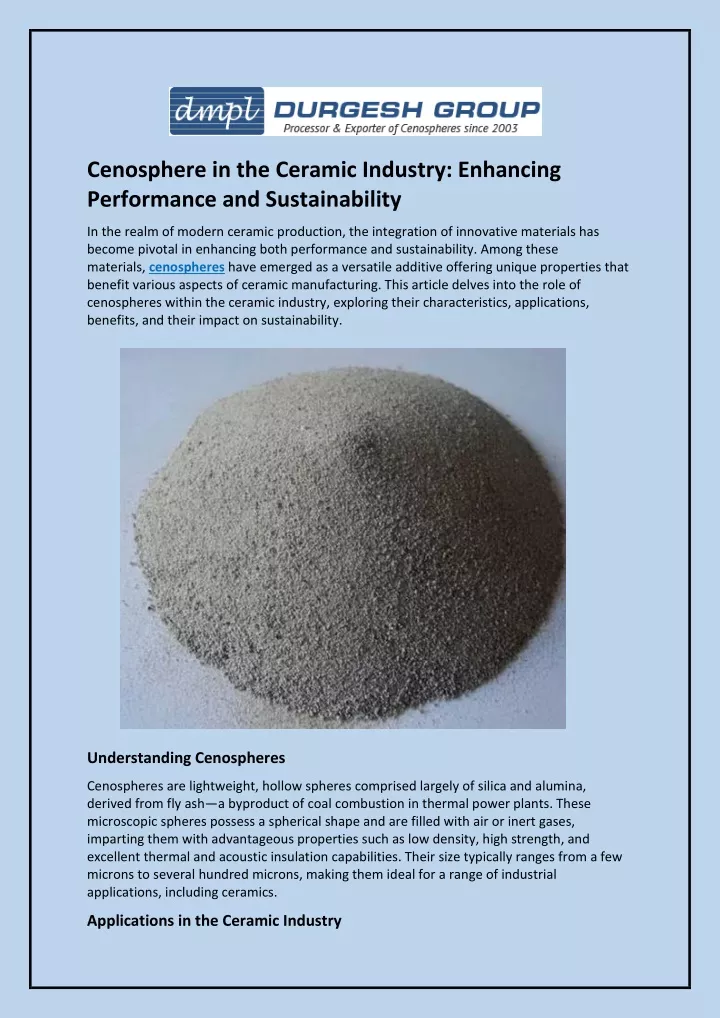 cenosphere in the ceramic industry enhancing