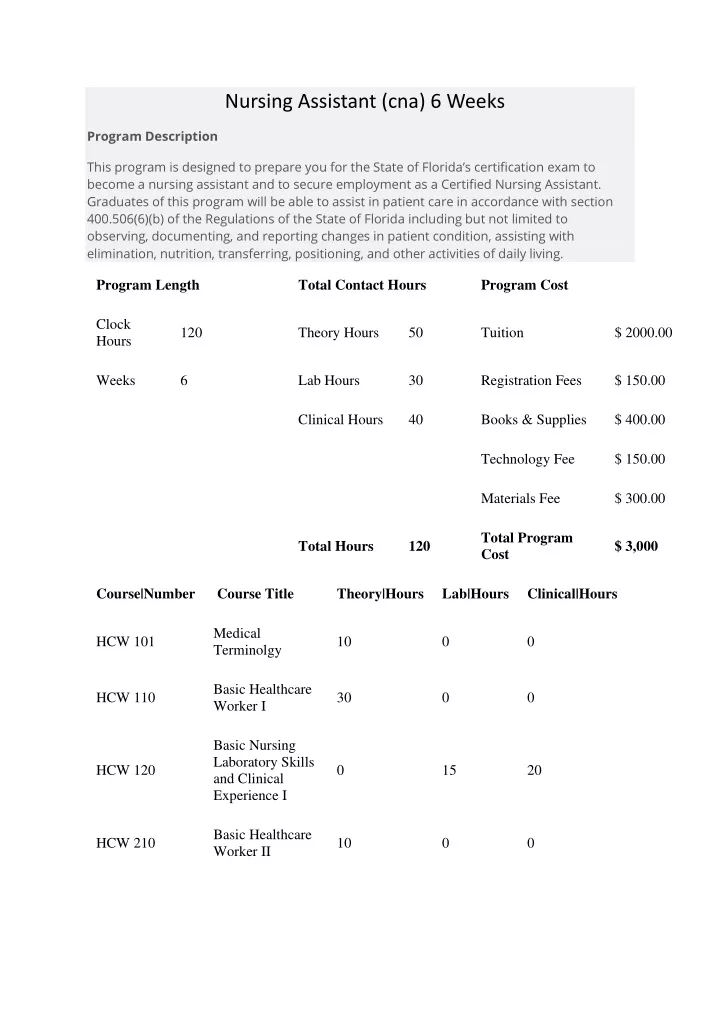 nursing assistant cna 6 weeks