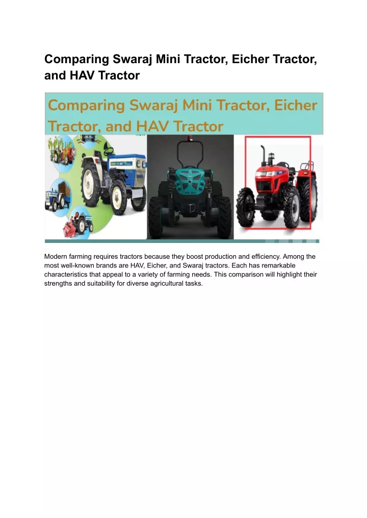 comparing swaraj mini tractor eicher tractor