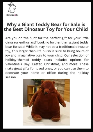 Why a Giant Teddy Bear for Sale is the Best Dinosaur Toy for Your Child