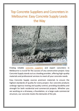 Top Concrete Suppliers and Concreters in Melbourne Easy Concrete Supply Leads the Way