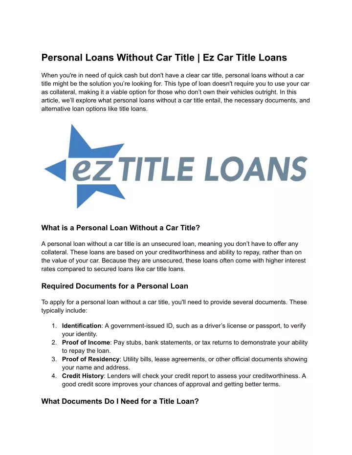 personal loans without car title ez car title