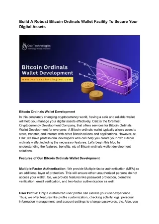 Build A Robust Bitcoin Ordinals Wallet Facility To Secure Your Digital Assets