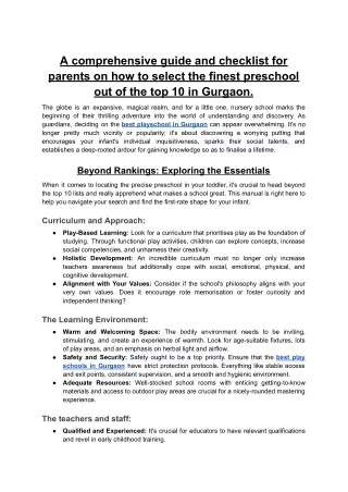 A comprehensive guide and checklist for parents on how to select the finest preschool out of the top 10 in Gurgaon