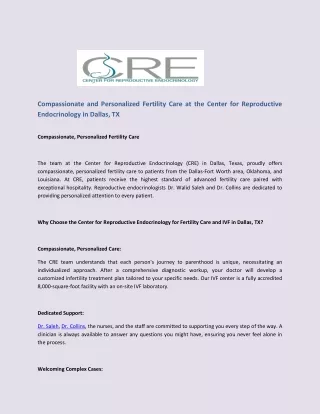 Compassionate and Personalized Fertility Care at the Center for Reproductive Endocrinology in Dallas, TX