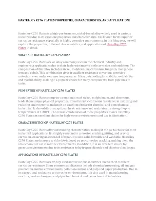 HASTELLOY C276 PLATES PROPERTIES, CHARACTERISTICS, AND APPLICATIONS
