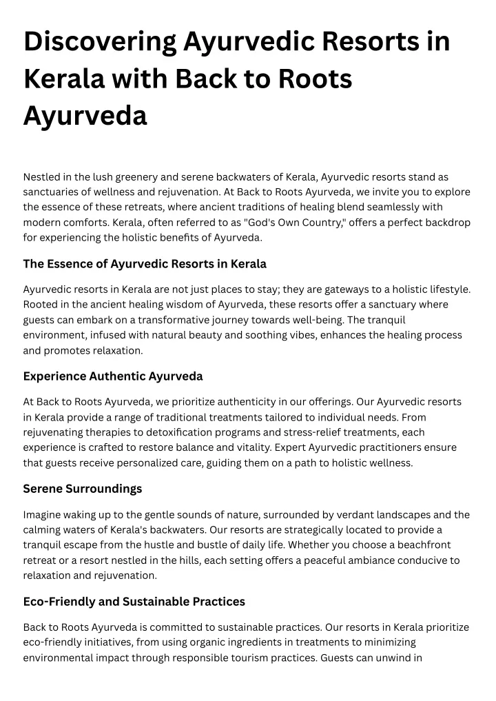 discovering ayurvedic resorts in kerala with back