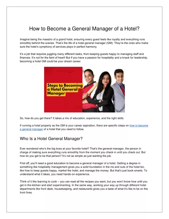 how to become a general manager of a hotel