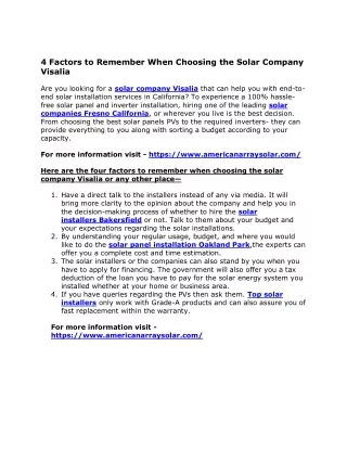 4 Factors to Remember When Choosing the Solar Company Visalia