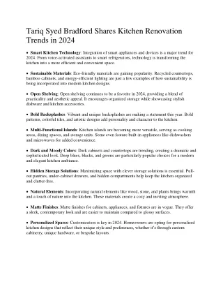 Tariq Syed Bradford Shares Kitchen Renovation Trends in 2024