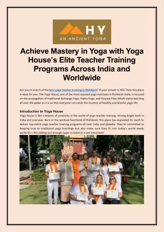 Achieve Mastery in Yoga with Yoga House’s Elite Teacher Training Programs Across India and Worldwide