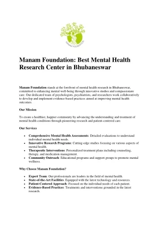 Best mental health research center in Bhubaneswar - Manam Foundatioin