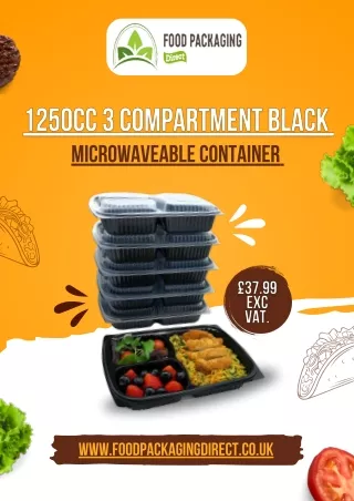 1250cc 3 Compartment Black Microwaveable Container