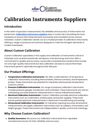 Reliable Calibration Instruments Suppliers at Custom Calibration